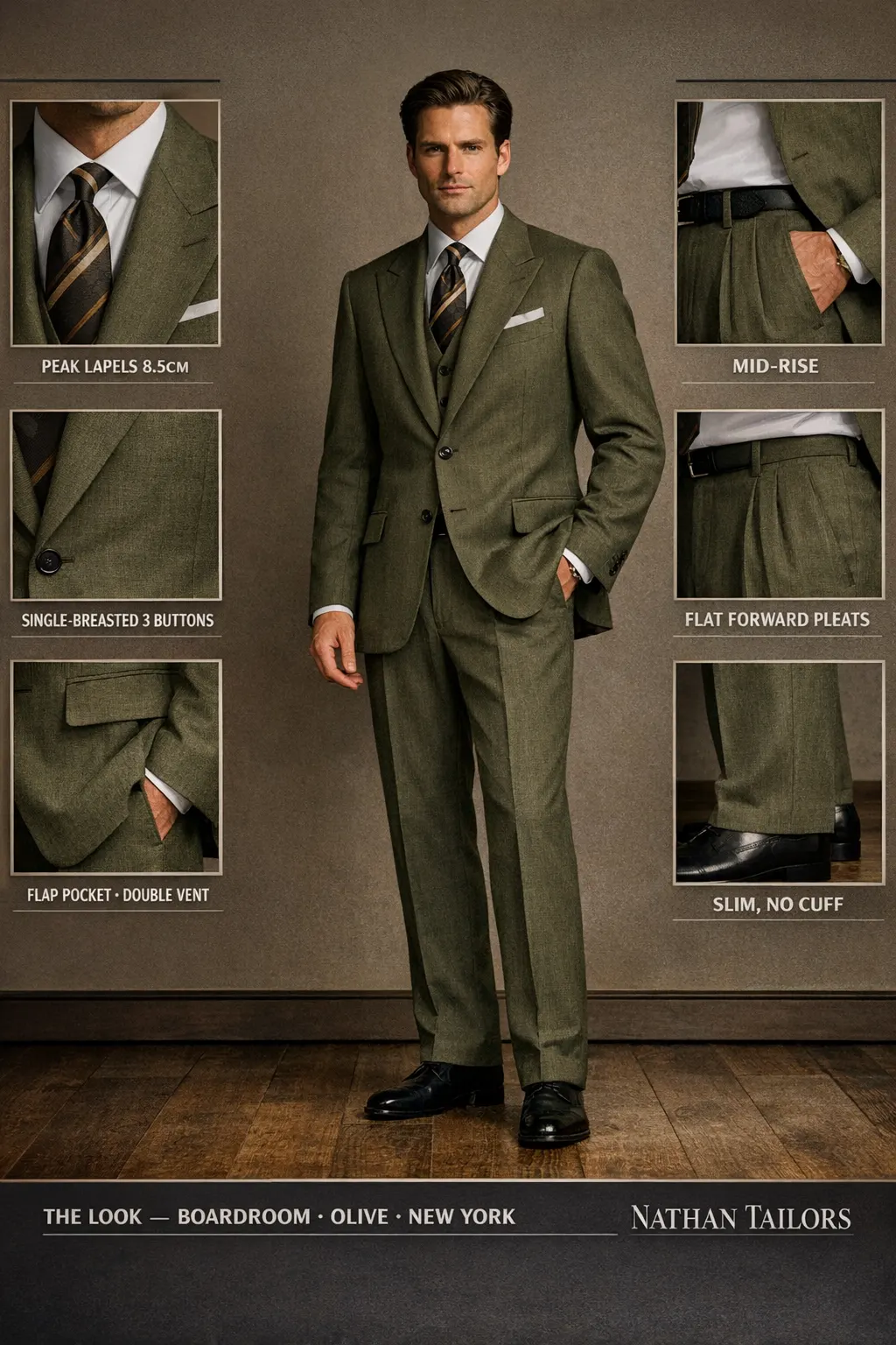 olive single-breasted peak-lapel bespoke suit — AI-rendered by Nathan Tailors, the Hoi An custom tailor. Available as a custom tailored suit from $149.