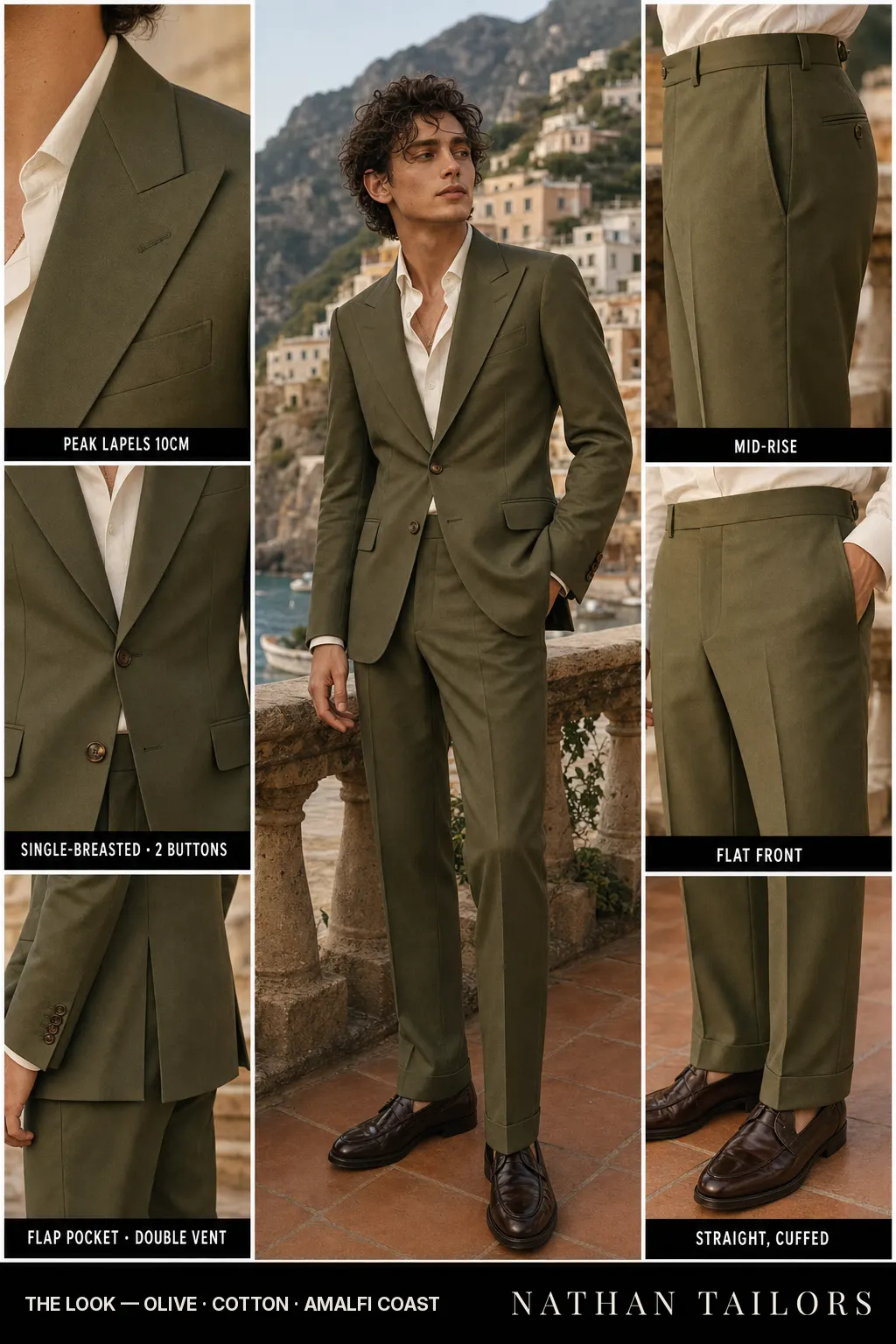 olive single-breasted peak-lapel bespoke suit — AI-rendered by Nathan Tailors, the Hoi An custom tailor. Available as a custom tailored suit from $149.