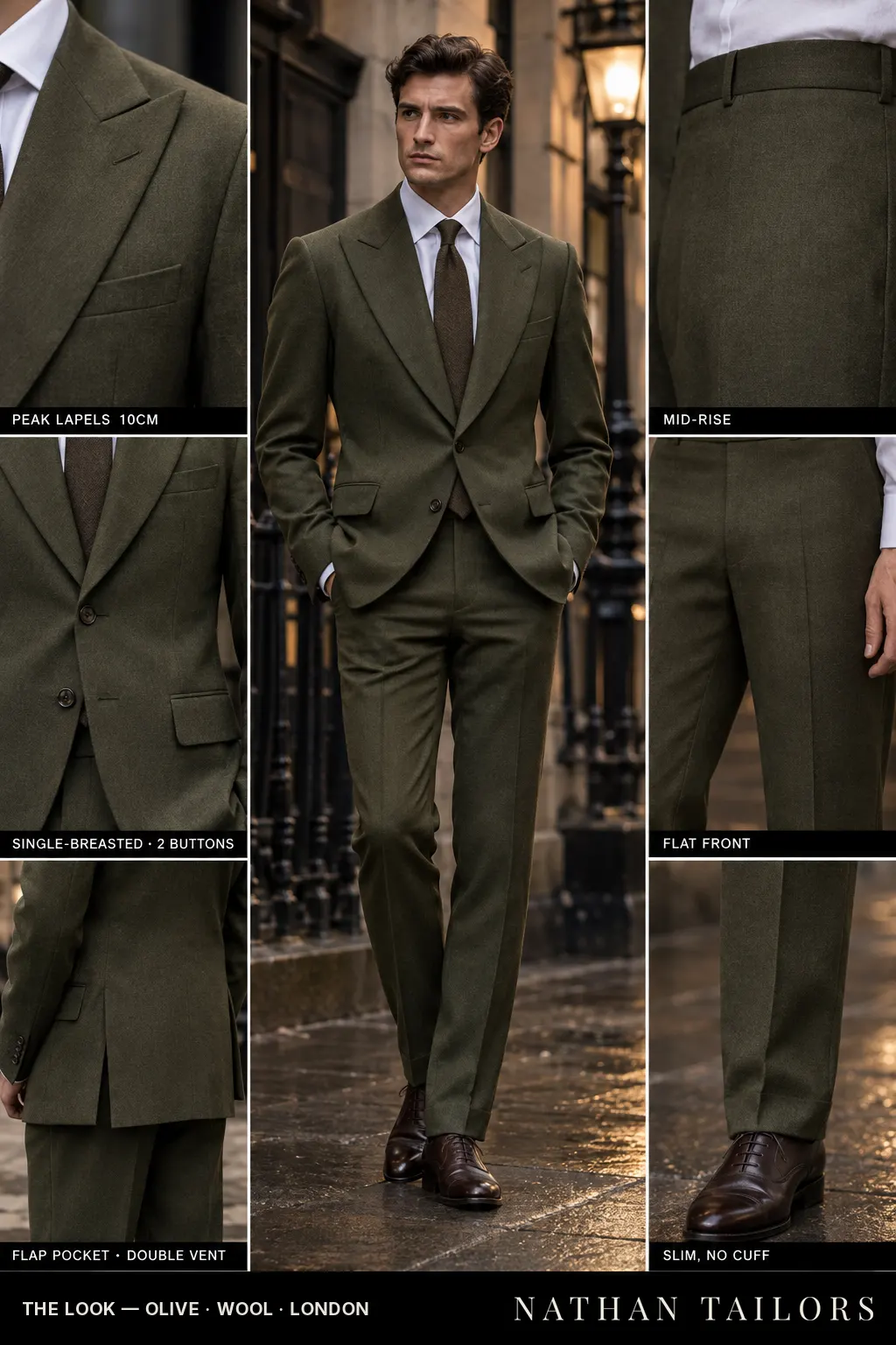 olive single-breasted bespoke suit — custom tailored by Nathan Tailors, the Hoi An custom tailor