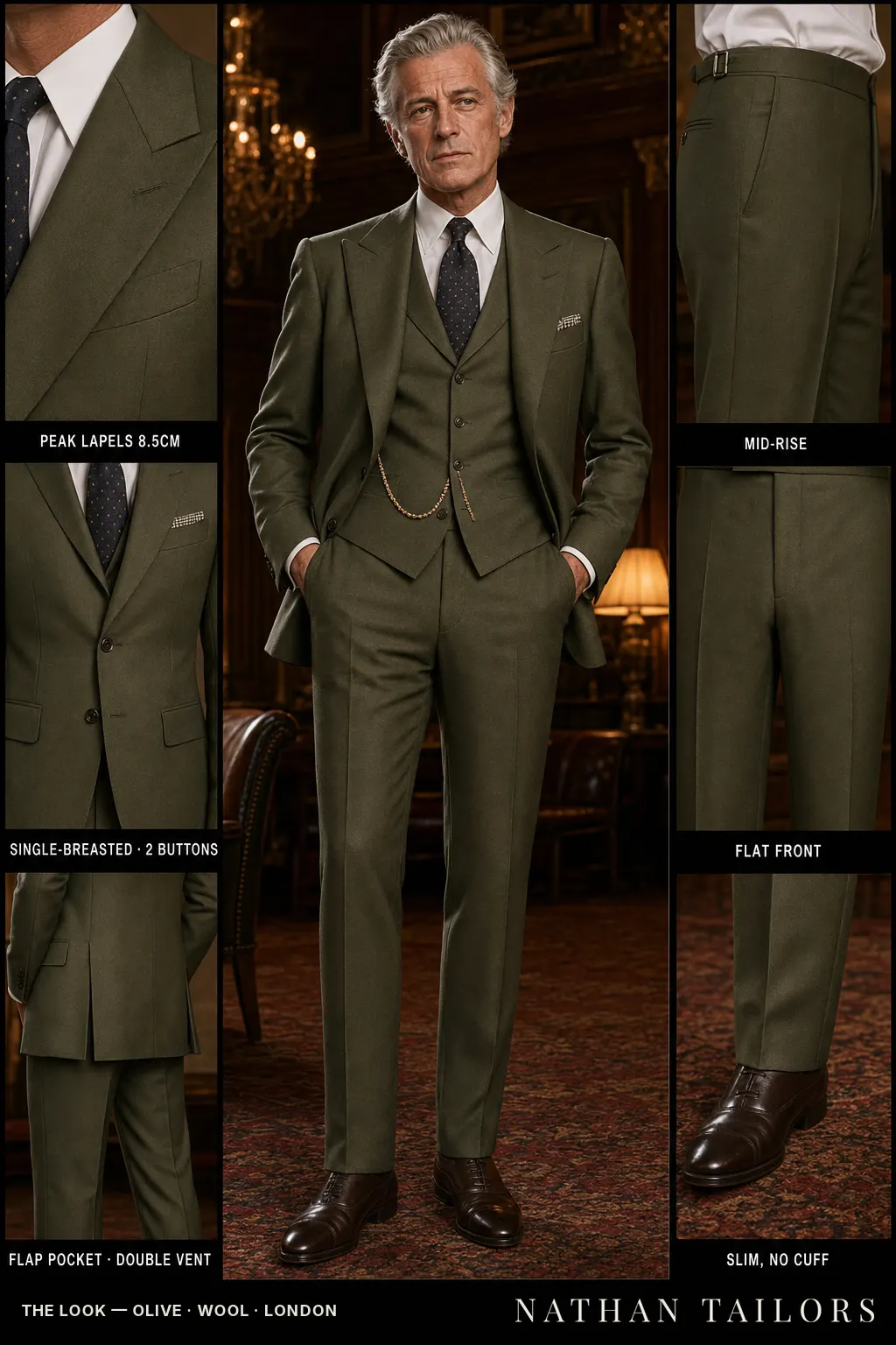 olive single-breasted peak-lapel bespoke suit — AI-rendered by Nathan Tailors, the Hoi An custom tailor. Available as a custom tailored suit from $169.