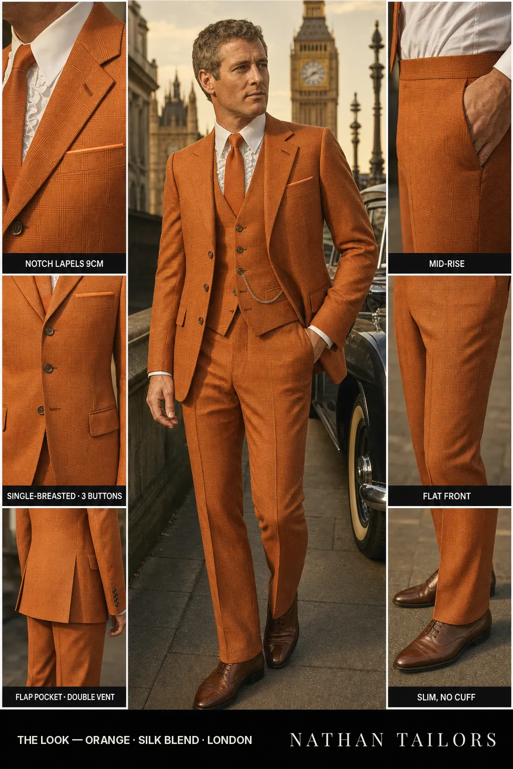 orange glen plaid single-breasted notch-lapel bespoke suit โ AI-rendered by Nathan Tailors, the Hoi An custom tailor. Available as a custom tailored suit from $149.