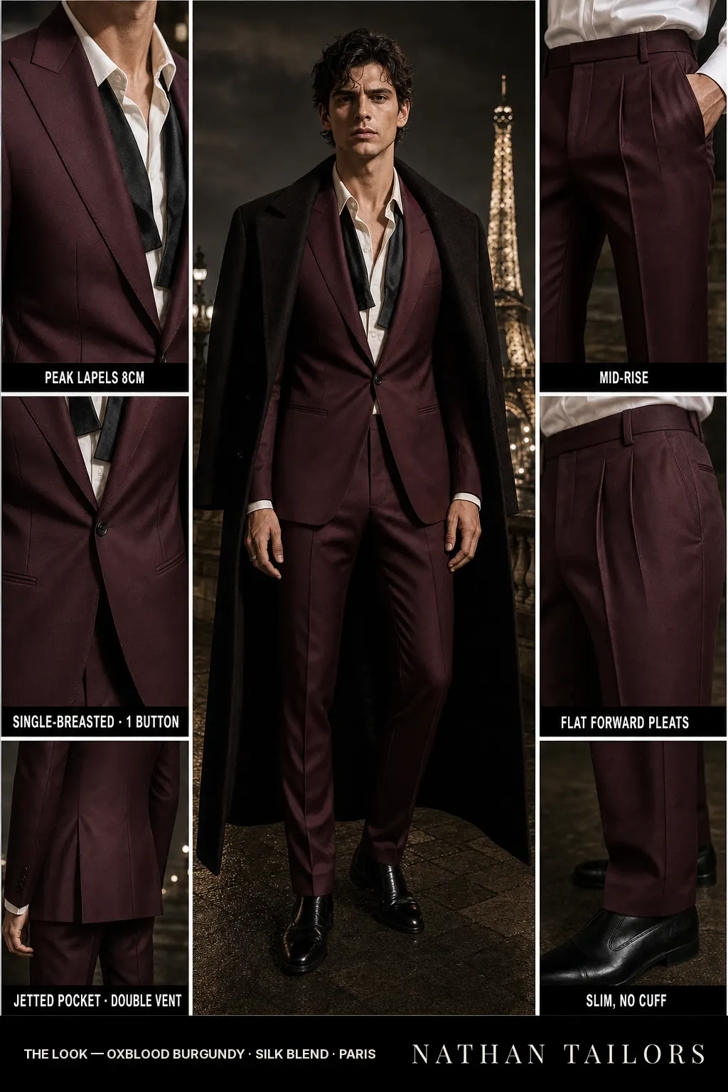 oxblood burgundy single-breasted peak-lapel bespoke suit — AI-rendered by Nathan Tailors, the Hoi An custom tailor. Available as a custom tailored suit from $149.