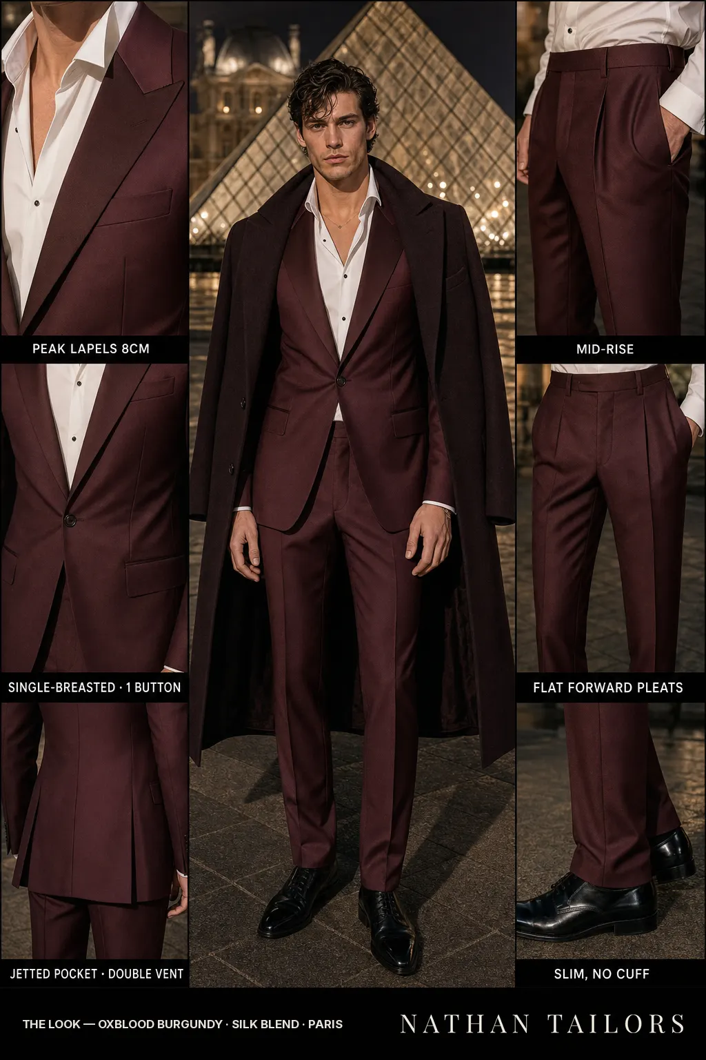oxblood burgundy single-breasted peak-lapel bespoke suit โ AI-rendered by Nathan Tailors, the Hoi An custom tailor. Available as a custom tailored suit from $149.