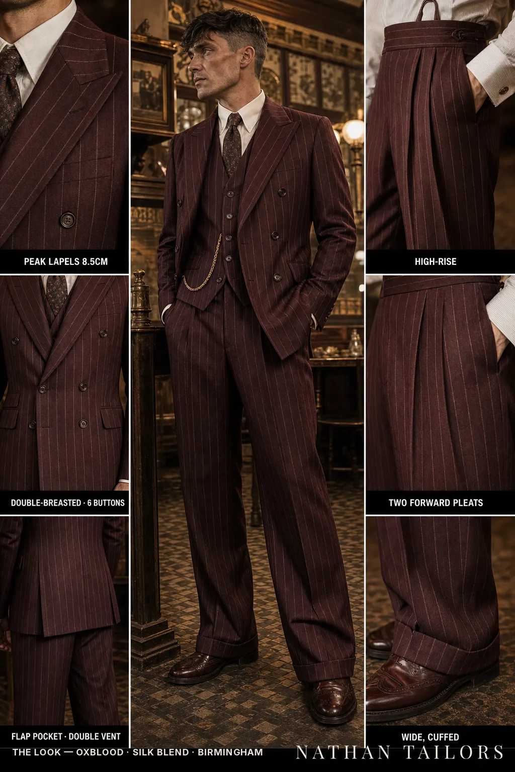 oxblood chalk stripe double-breasted peak-lapel bespoke suit — AI-rendered by Nathan Tailors, the Hoi An custom tailor. Available as a custom tailored suit from $149.