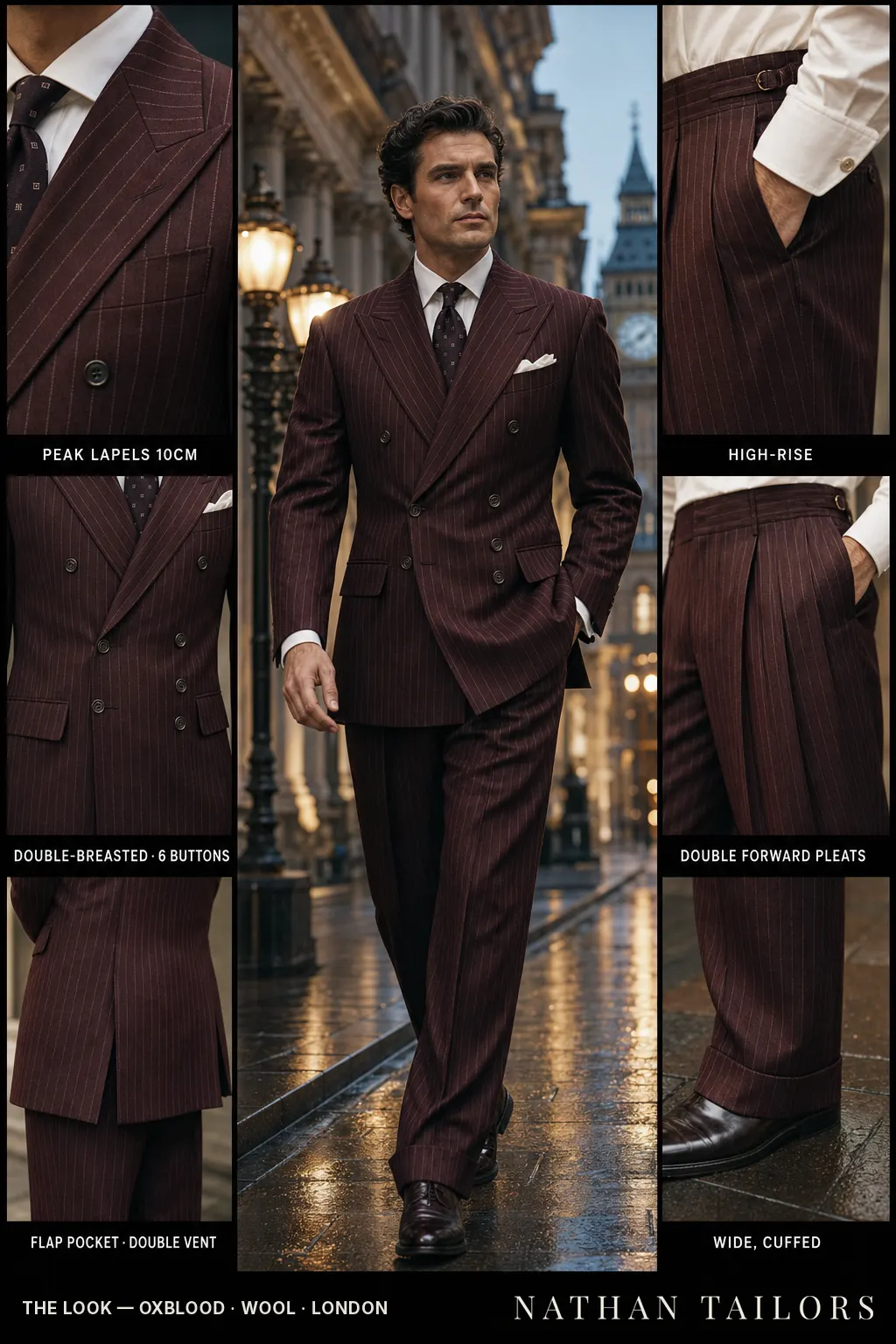 oxblood chalk stripe double-breasted peak-lapel bespoke suit โ AI-rendered by Nathan Tailors, the Hoi An custom tailor. Available as a custom tailored suit from $149.