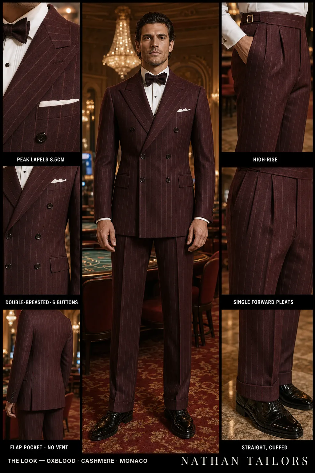 oxblood chalk stripe double-breasted peak-lapel bespoke suit — AI-rendered by Nathan Tailors, the Hoi An custom tailor. Available as a custom tailored suit from $149.