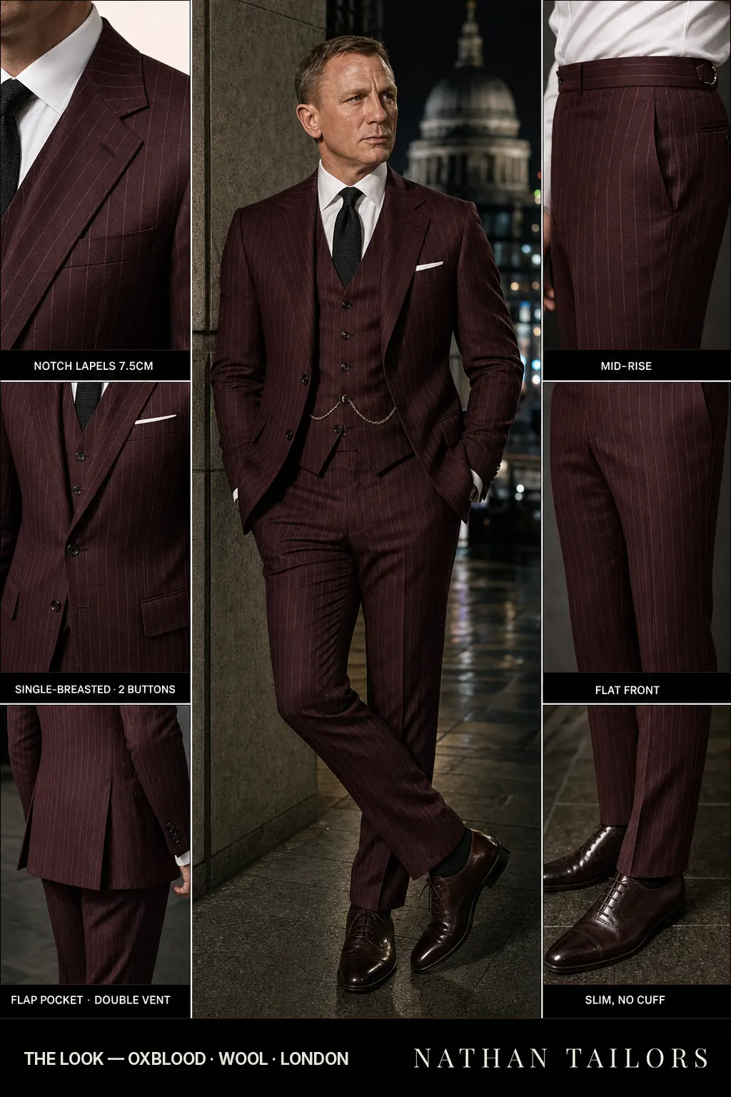 oxblood chalk stripe single-breasted notch-lapel bespoke suit โ AI-rendered by Nathan Tailors, the Hoi An custom tailor. Available as a custom tailored suit from $149.