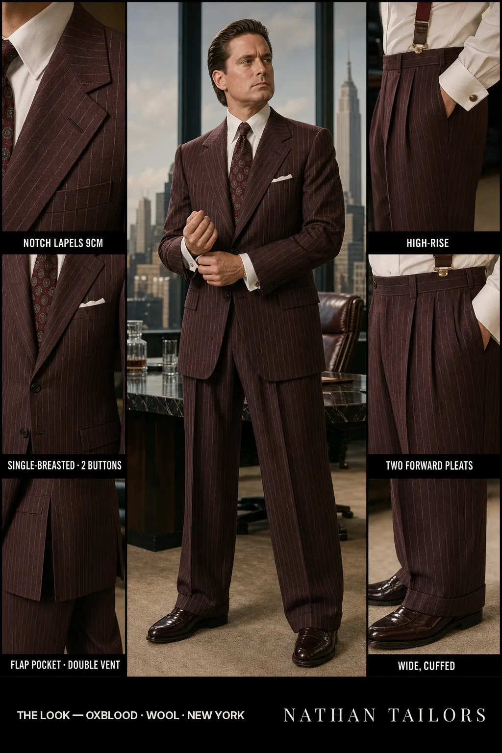 oxblood chalk stripe single-breasted notch-lapel bespoke suit — AI-rendered by Nathan Tailors, the Hoi An custom tailor. Available as a custom tailored suit from $149.