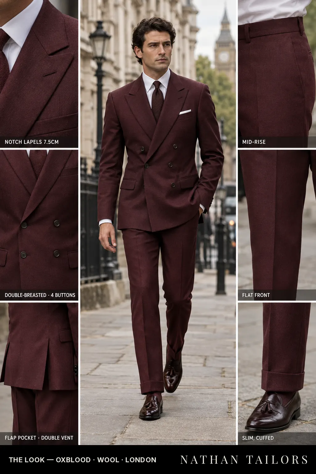 oxblood double-breasted bespoke suit โ custom tailored by Nathan Tailors, the Hoi An custom tailor