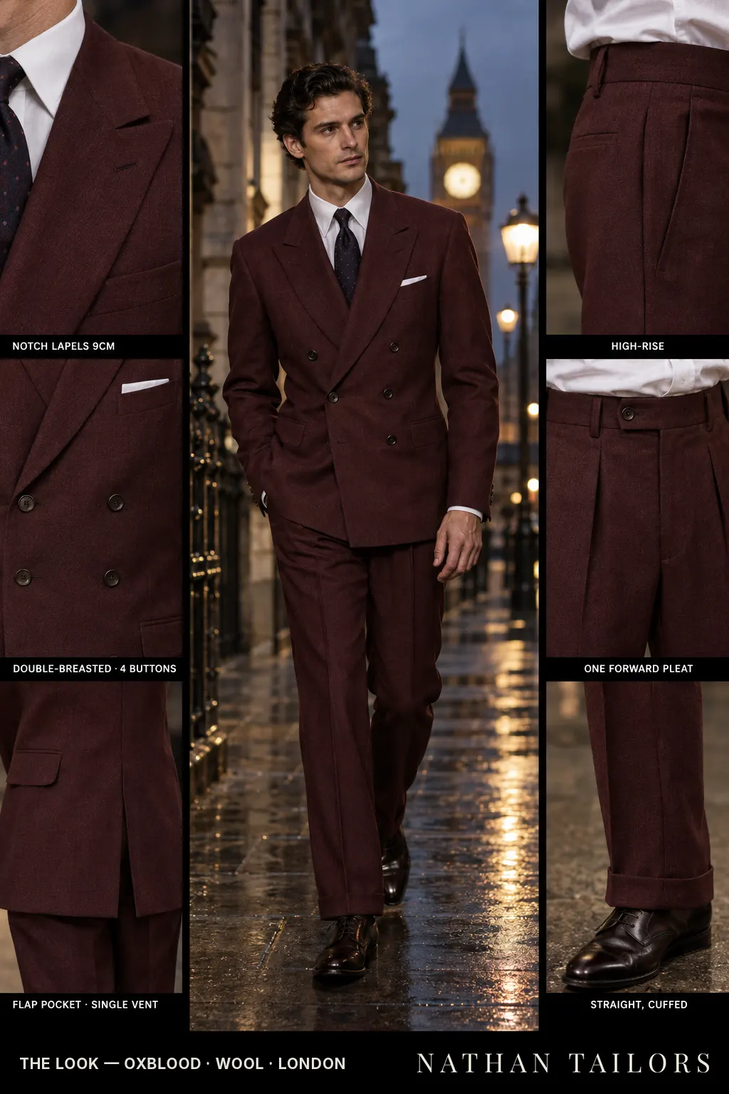 oxblood double-breasted notch-lapel bespoke suit โ AI-rendered by Nathan Tailors, the Hoi An custom tailor. Available as a custom tailored suit from $149.
