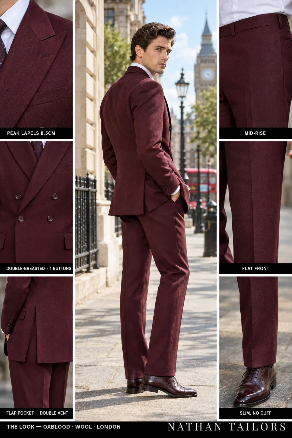 oxblood double-breasted bespoke suit โ custom tailored by Nathan Tailors, the Hoi An custom tailor