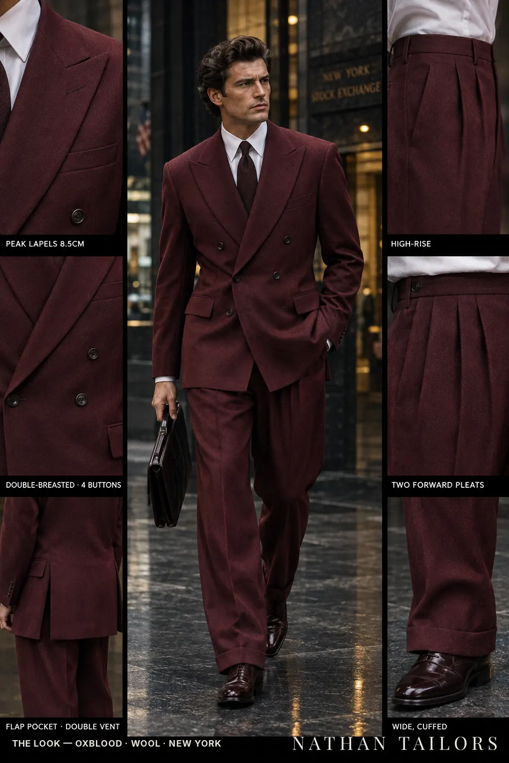 oxblood double-breasted bespoke suit — custom tailored by Nathan Tailors, the Hoi An custom tailor