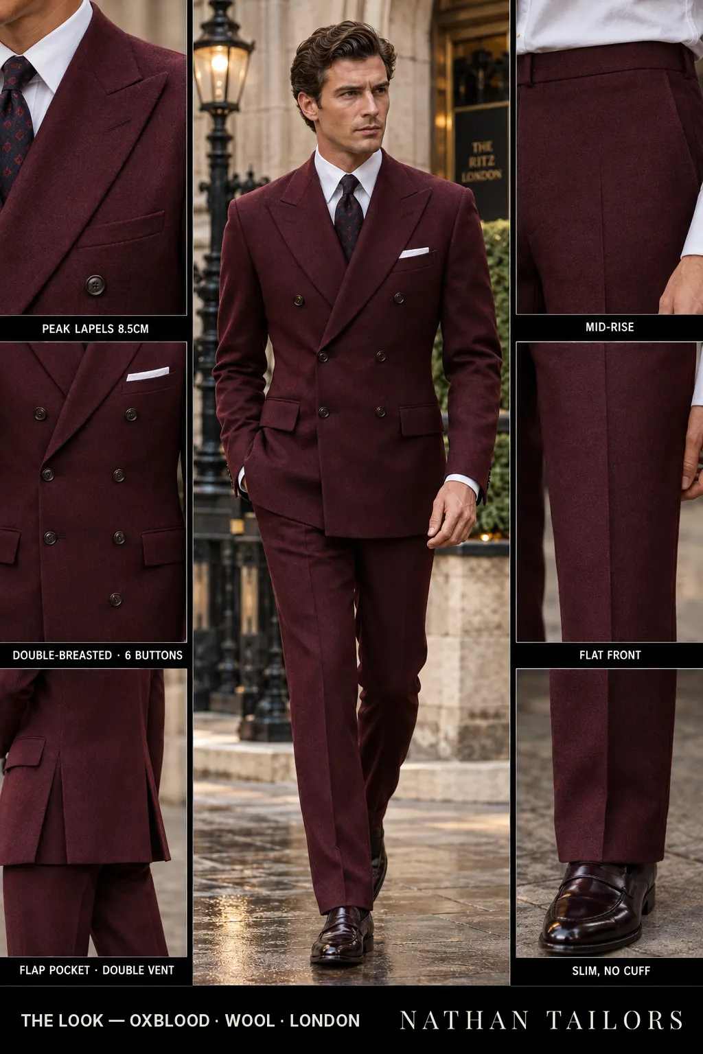 oxblood double-breasted bespoke suit โ custom tailored by Nathan Tailors, the Hoi An custom tailor