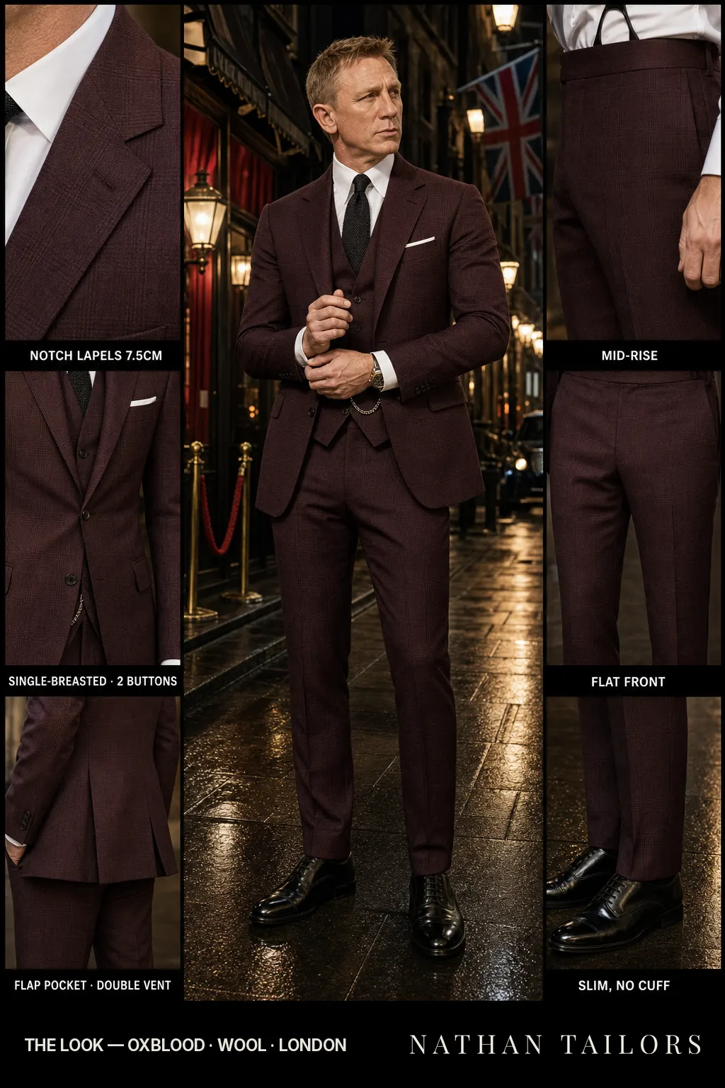 oxblood glen plaid single-breasted notch-lapel bespoke suit โ AI-rendered by Nathan Tailors, the Hoi An custom tailor. Available as a custom tailored suit from $149.