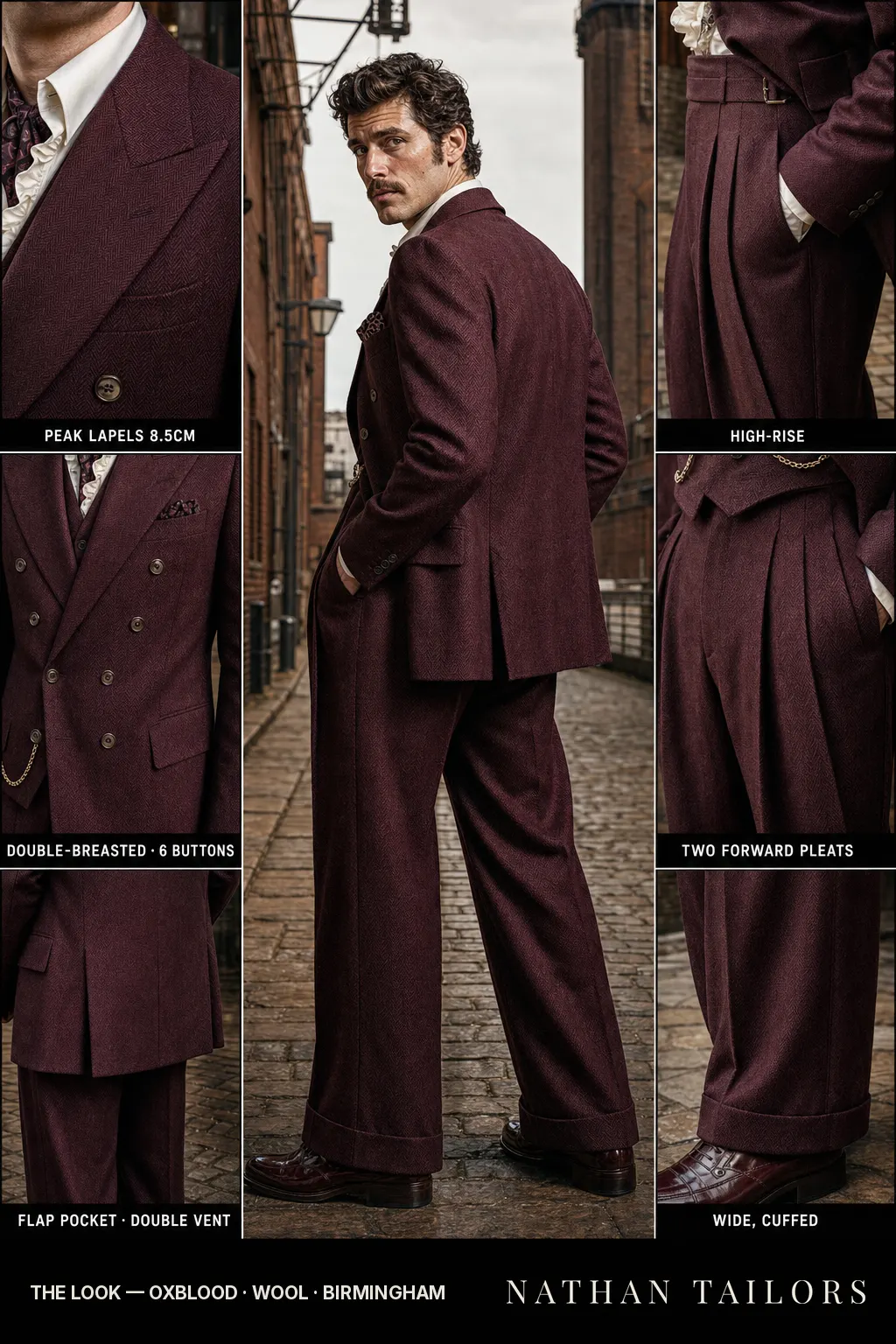 oxblood herringbone double-breasted peak-lapel bespoke suit — AI-rendered by Nathan Tailors, the Hoi An custom tailor. Available as a custom tailored suit from $149.