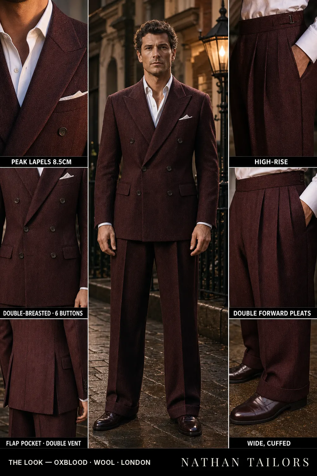 oxblood herringbone double-breasted peak-lapel bespoke suit — AI-rendered by Nathan Tailors, the Hoi An custom tailor. Available as a custom tailored suit from $149.