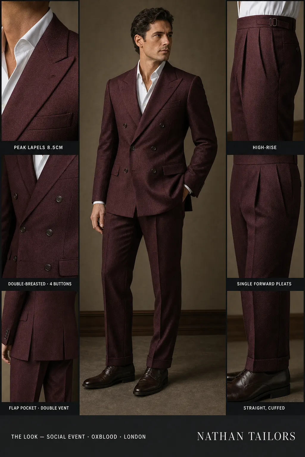 oxblood herringbone double-breasted peak-lapel bespoke suit — AI-rendered by Nathan Tailors, the Hoi An custom tailor. Available as a custom tailored suit from $149.
