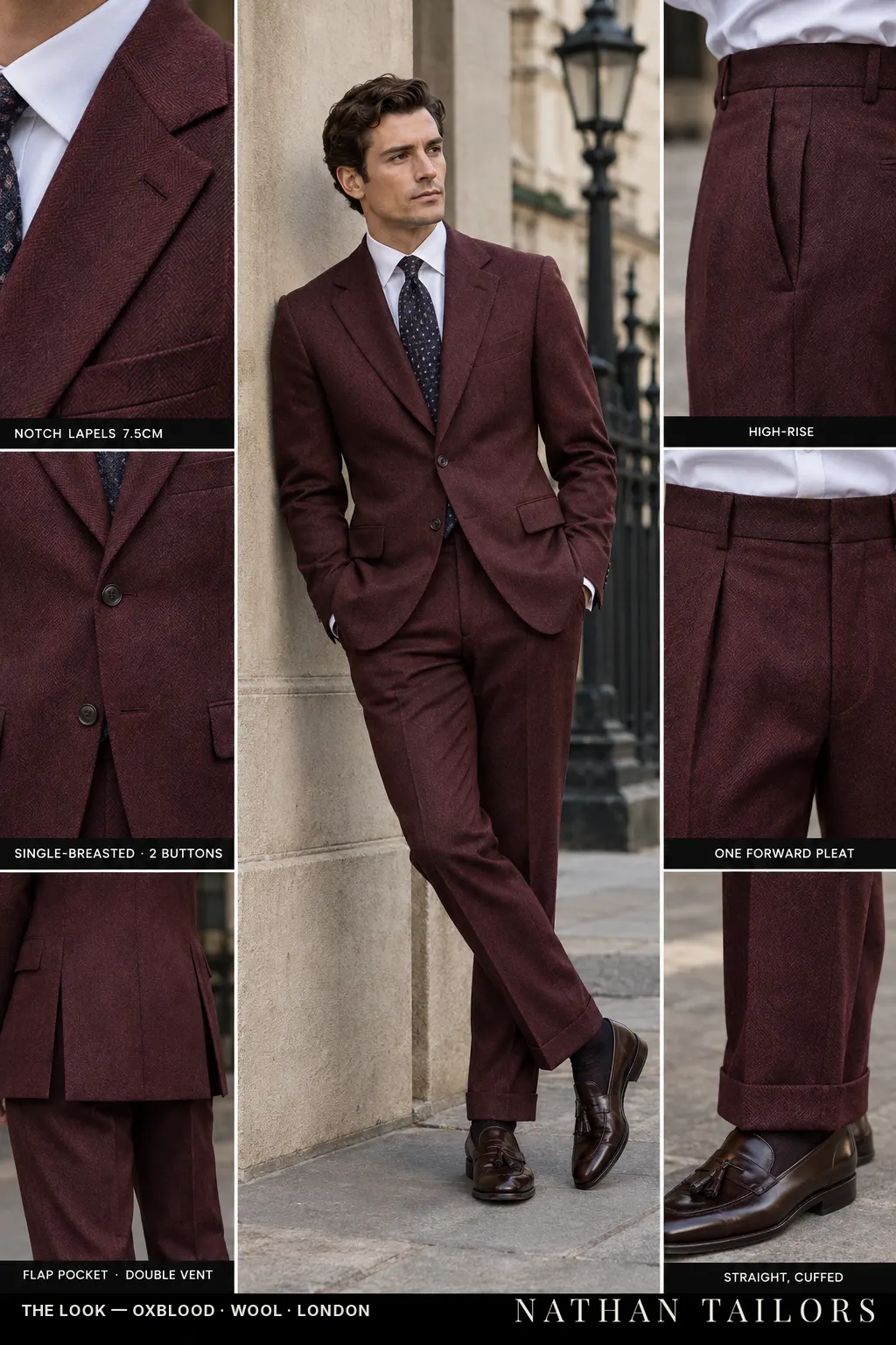 oxblood herringbone single-breasted bespoke suit — custom tailored by Nathan Tailors, the Hoi An custom tailor