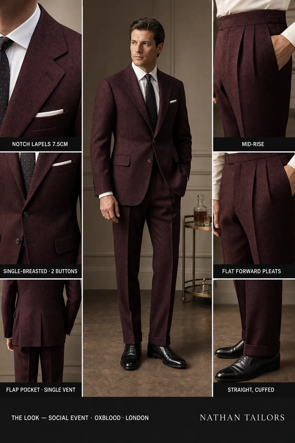 oxblood herringbone single-breasted notch-lapel bespoke suit — AI-rendered by Nathan Tailors, the Hoi An custom tailor. Available as a custom tailored suit from $149.