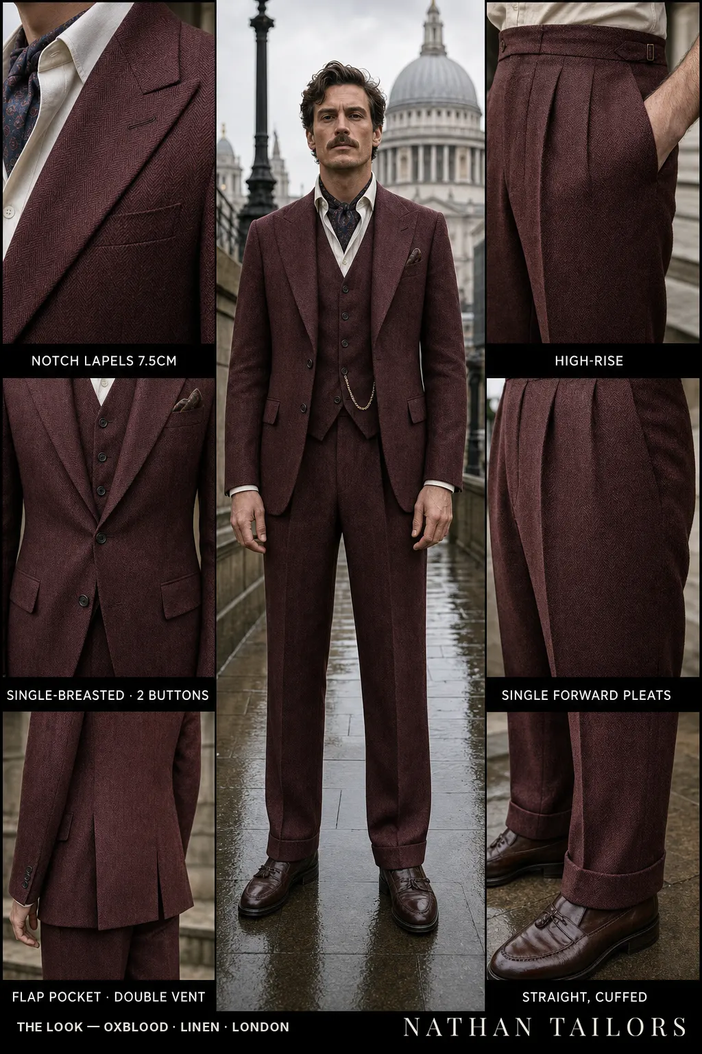 oxblood herringbone single-breasted notch-lapel bespoke suit โ AI-rendered by Nathan Tailors, the Hoi An custom tailor. Available as a custom tailored suit from $149.