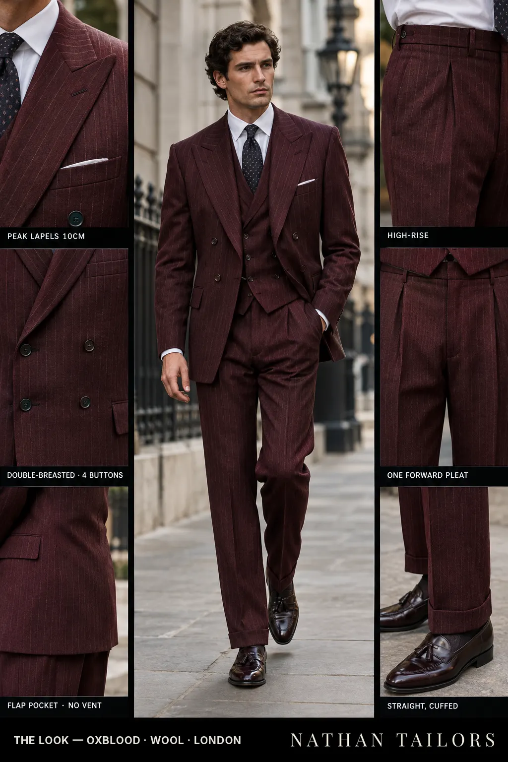 oxblood pinstripe double-breasted bespoke suit — custom tailored by Nathan Tailors, the Hoi An custom tailor