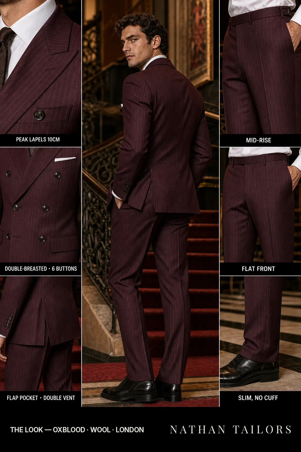 oxblood pinstripe double-breasted peak-lapel bespoke suit โ AI-rendered by Nathan Tailors, the Hoi An custom tailor. Available as a custom tailored suit from $149.