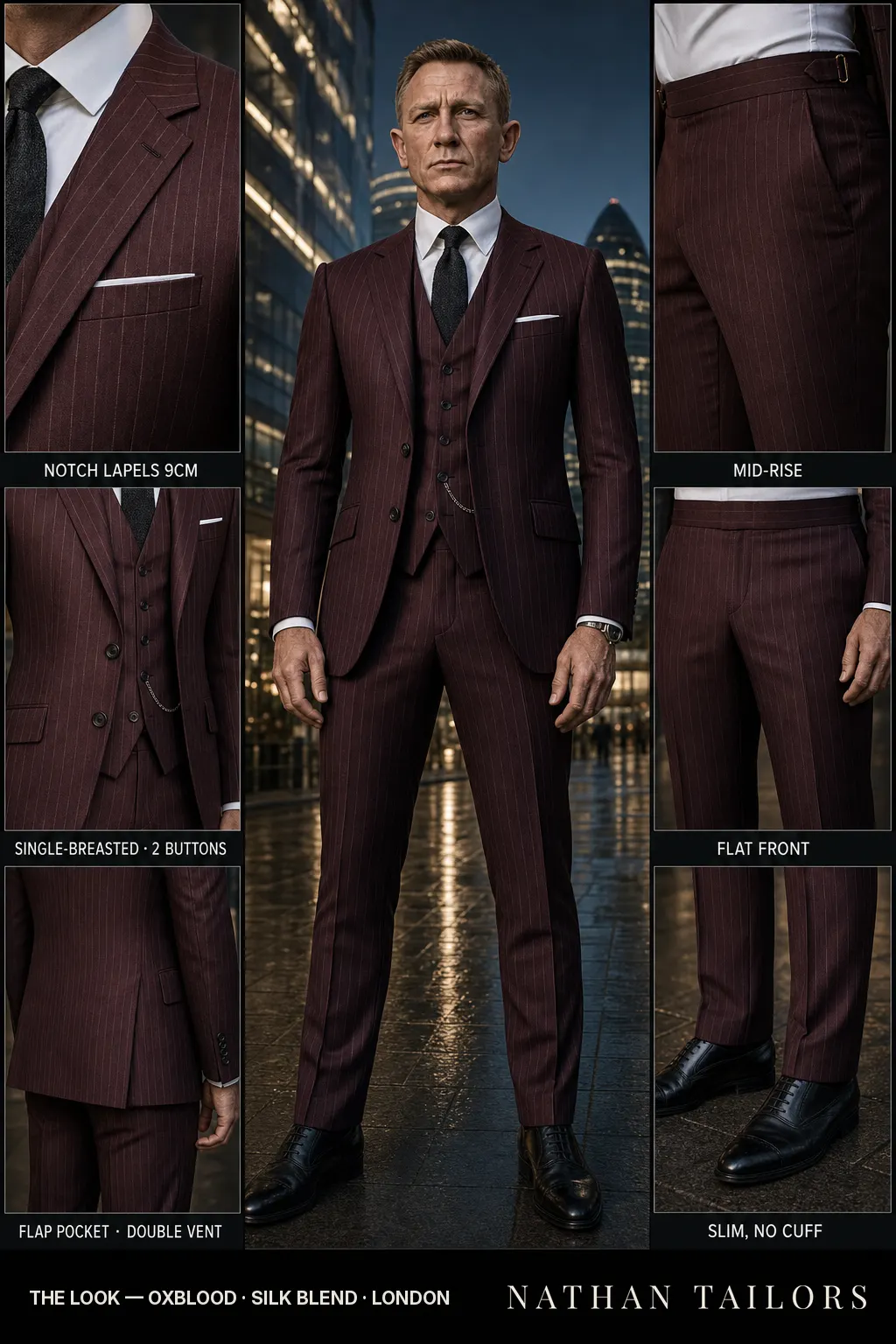 oxblood pinstripe single-breasted notch-lapel bespoke suit โ AI-rendered by Nathan Tailors, the Hoi An custom tailor. Available as a custom tailored suit from $169.