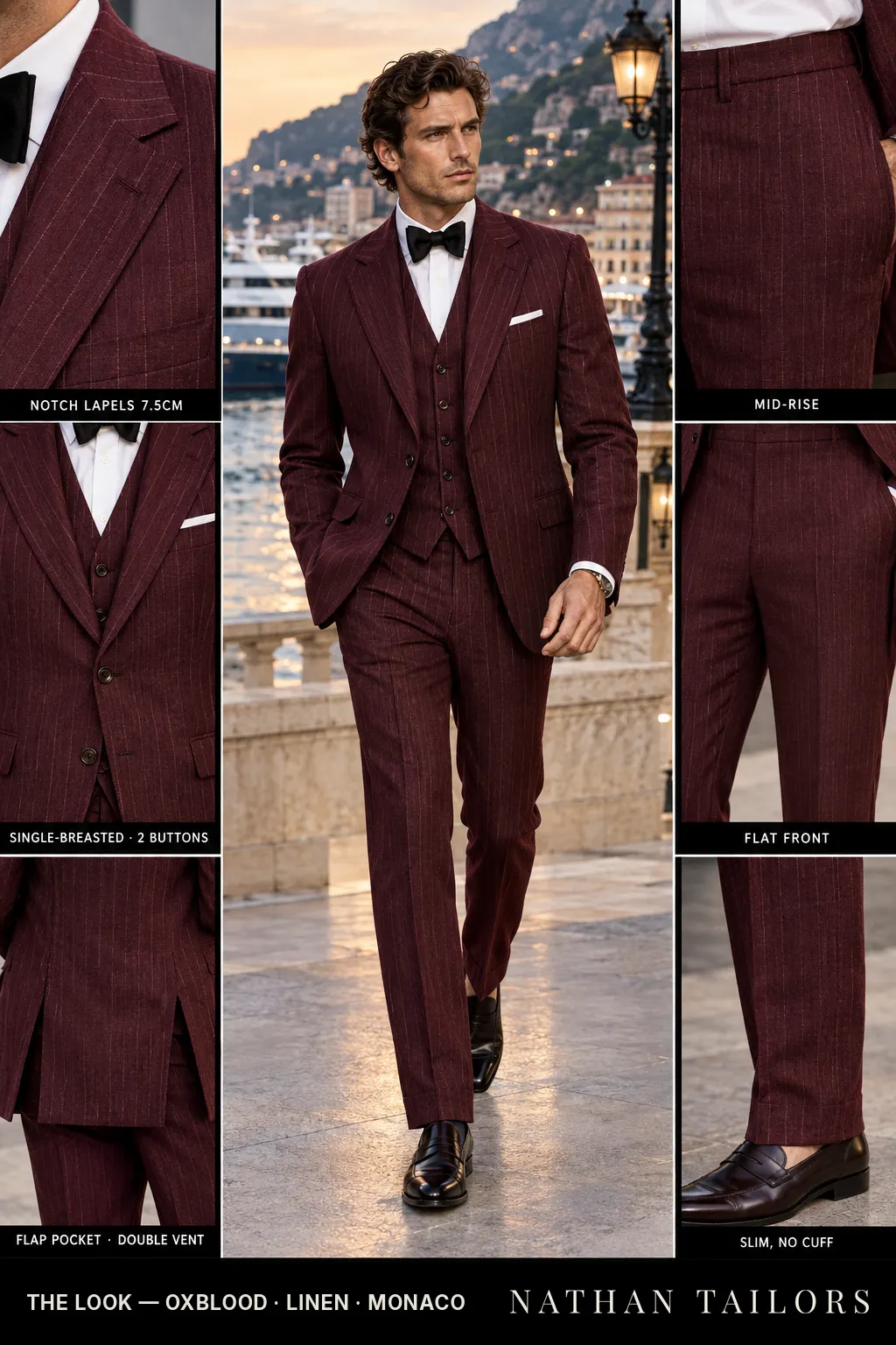 oxblood pinstripe single-breasted bespoke suit โ custom tailored by Nathan Tailors, the Hoi An custom tailor