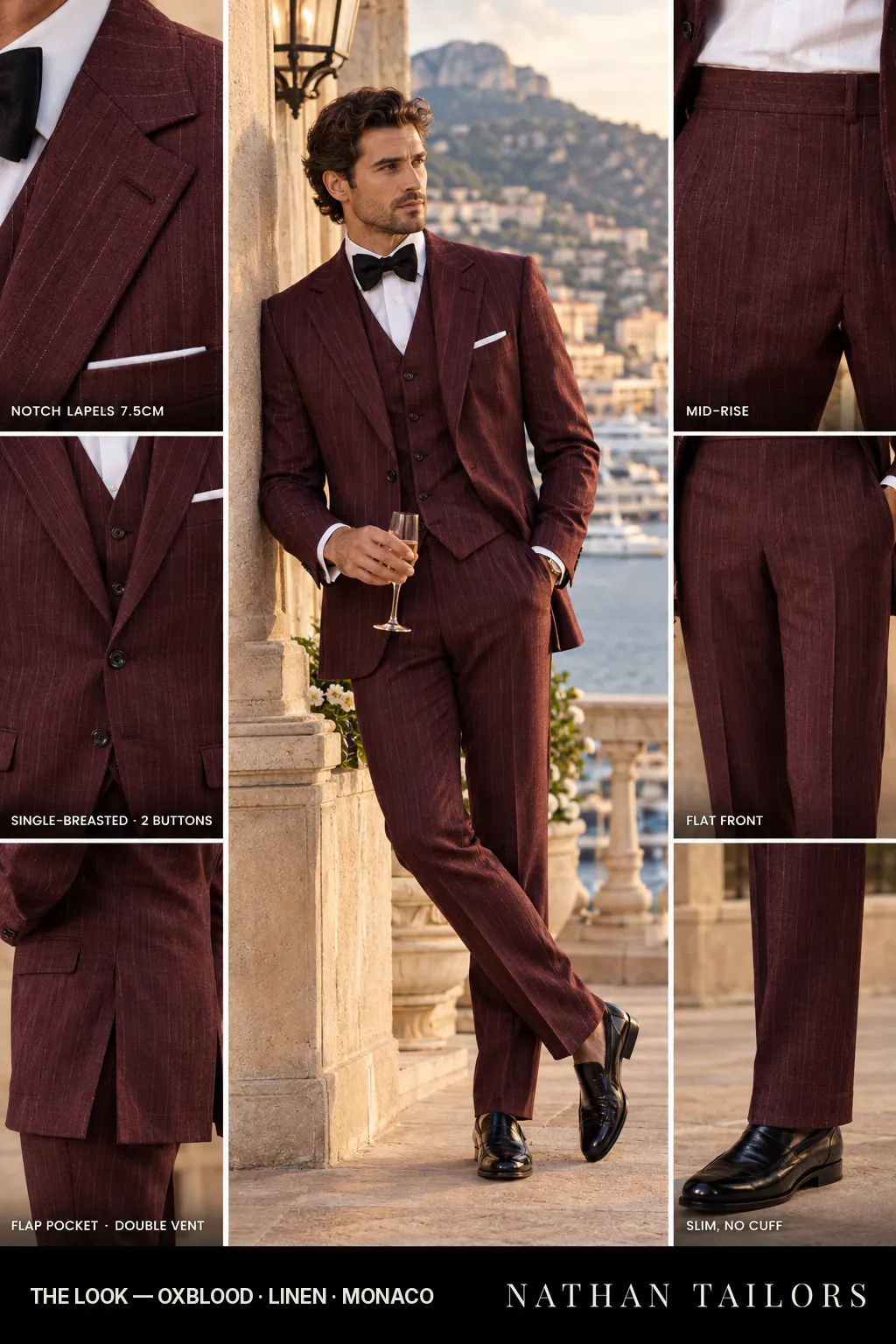 oxblood pinstripe single-breasted bespoke suit โ custom tailored by Nathan Tailors, the Hoi An custom tailor
