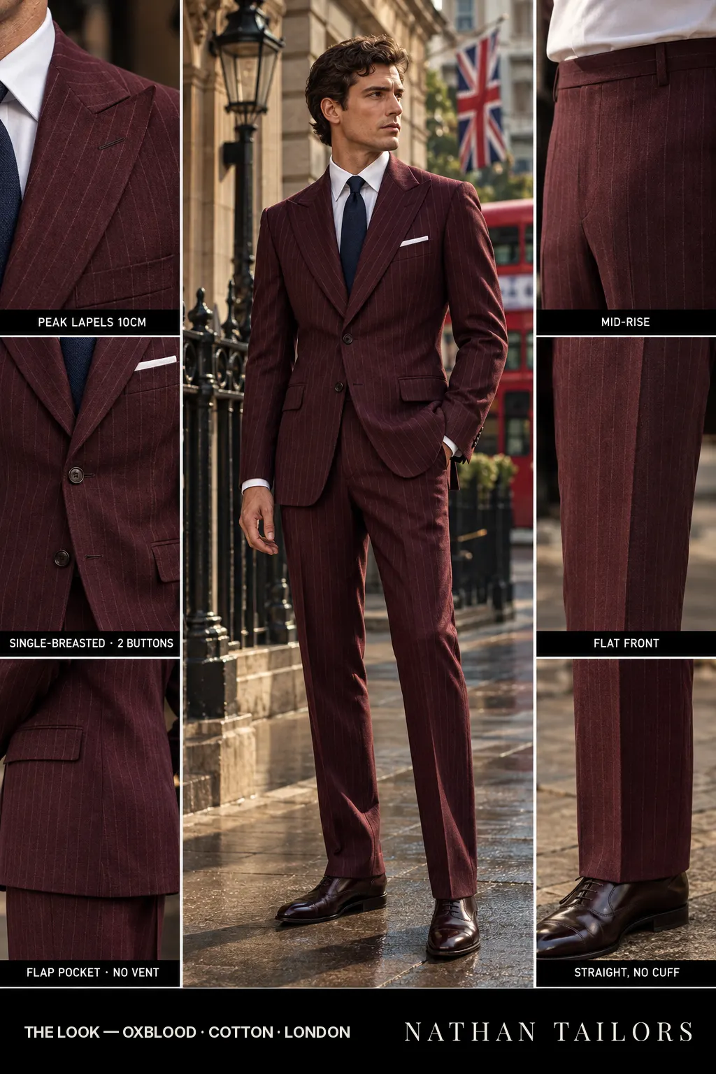 oxblood pinstripe single-breasted bespoke suit โ custom tailored by Nathan Tailors, the Hoi An custom tailor