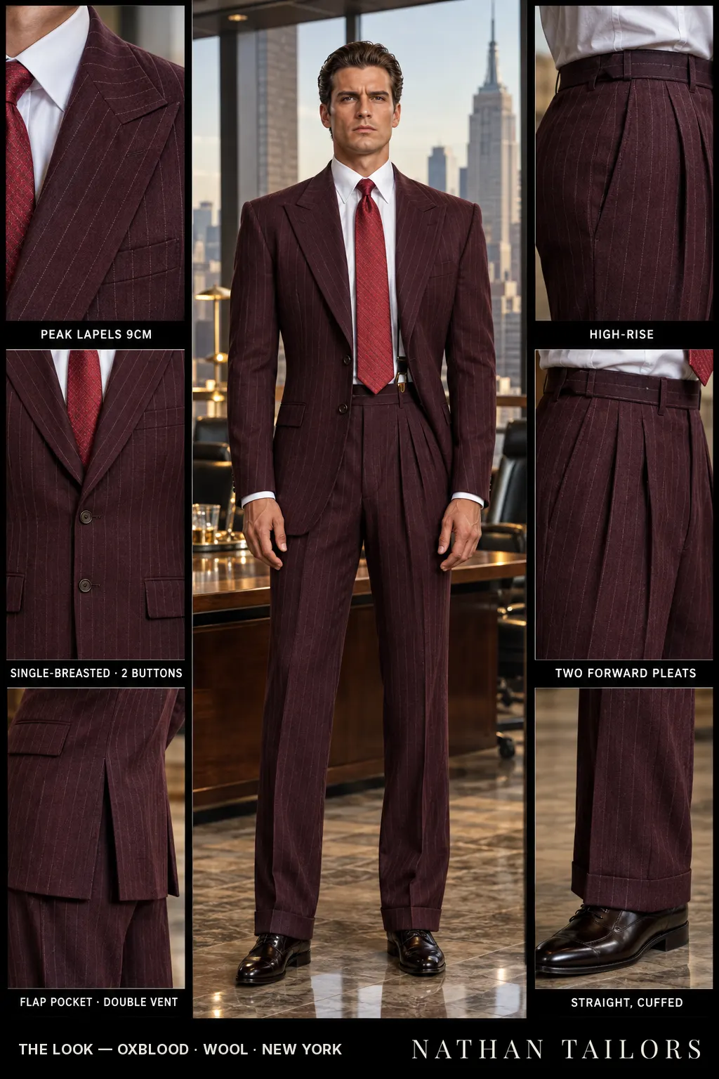 oxblood pinstripe single-breasted peak-lapel bespoke suit โ AI-rendered by Nathan Tailors, the Hoi An custom tailor. Available as a custom tailored suit from $149.