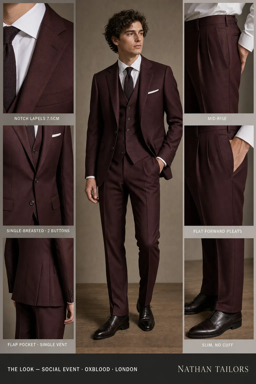 oxblood single-breasted notch-lapel bespoke suit — AI-rendered by Nathan Tailors, the Hoi An custom tailor. Available as a custom tailored suit from $149.
