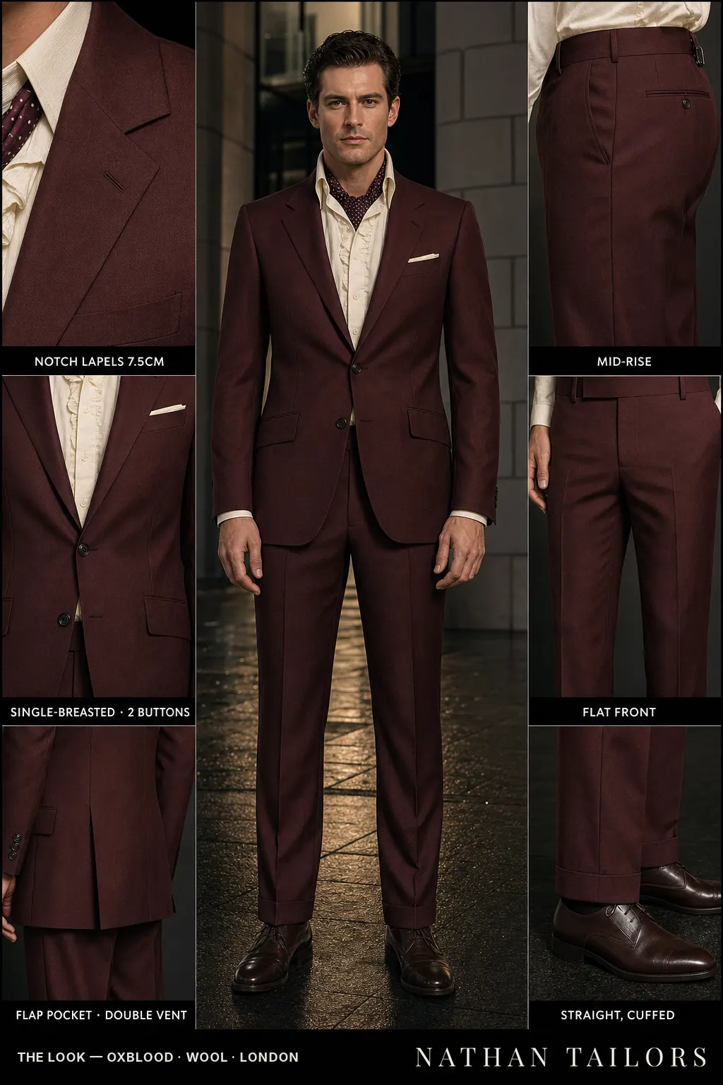 oxblood single-breasted notch-lapel bespoke suit — AI-rendered by Nathan Tailors, the Hoi An custom tailor. Available as a custom tailored suit from $149.