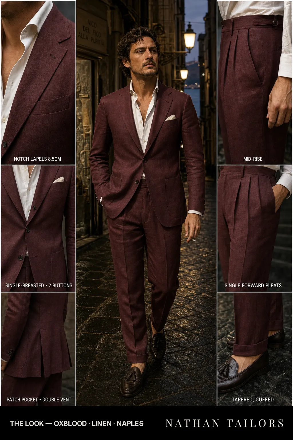 oxblood single-breasted notch-lapel bespoke suit — AI-rendered by Nathan Tailors, the Hoi An custom tailor. Available as a custom tailored suit from $149.