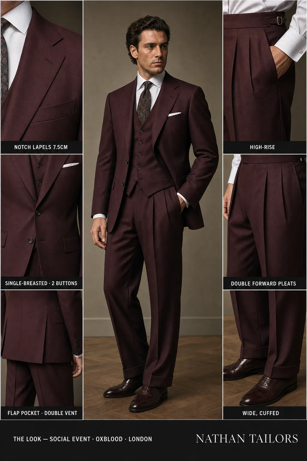 oxblood single-breasted notch-lapel bespoke suit โ AI-rendered by Nathan Tailors, the Hoi An custom tailor. Available as a custom tailored suit from $149.