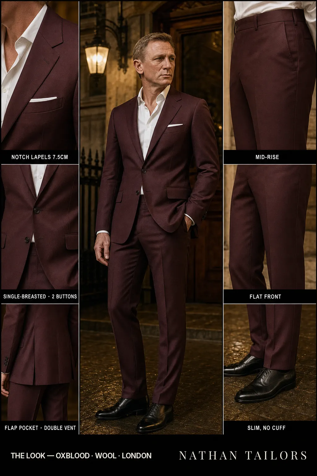 oxblood single-breasted notch-lapel bespoke suit — AI-rendered by Nathan Tailors, the Hoi An custom tailor. Available as a custom tailored suit from $169.