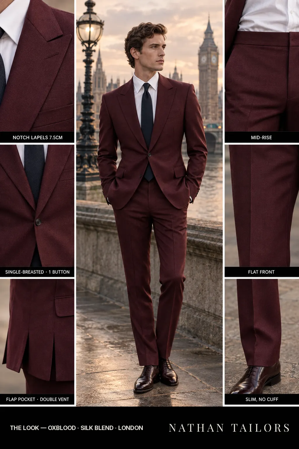 oxblood single-breasted bespoke suit — custom tailored by Nathan Tailors, the Hoi An custom tailor