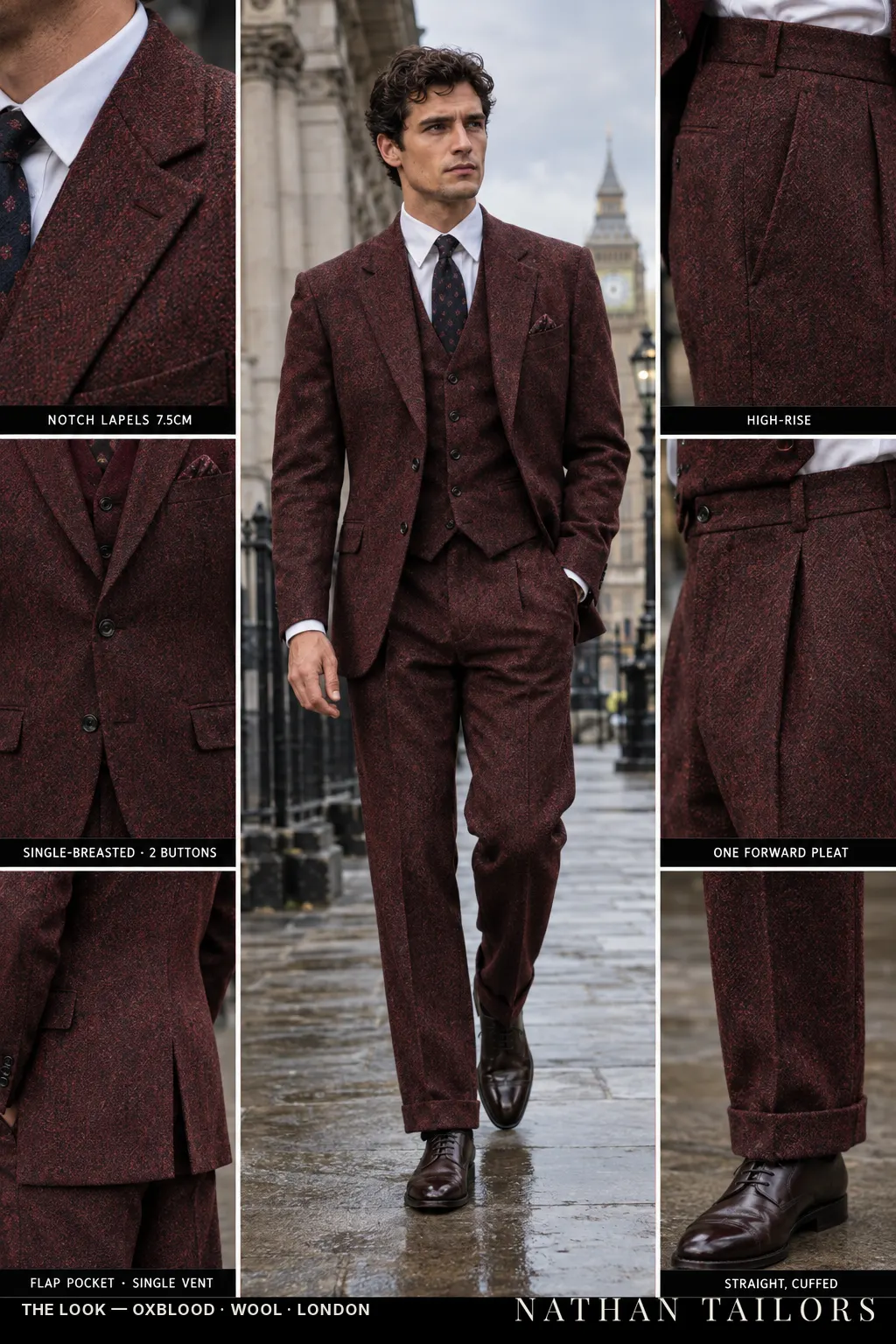 oxblood single-breasted bespoke suit — custom tailored by Nathan Tailors, the Hoi An custom tailor