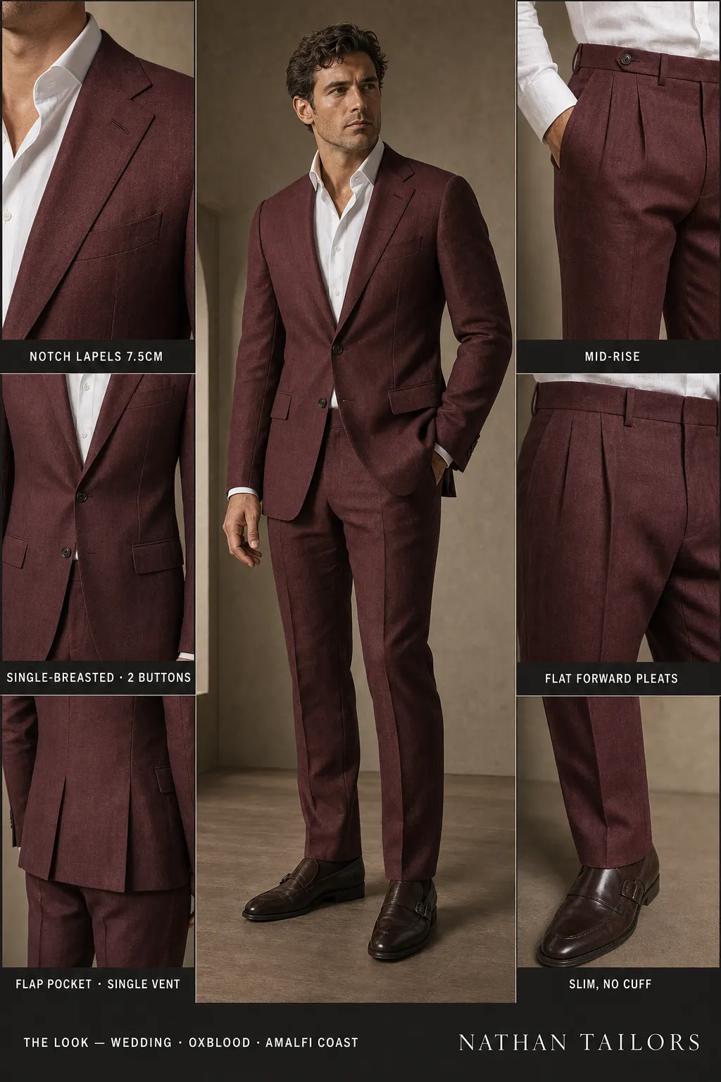 oxblood single-breasted notch-lapel bespoke suit โ AI-rendered by Nathan Tailors, the Hoi An custom tailor. Available as a custom tailored suit from $149.