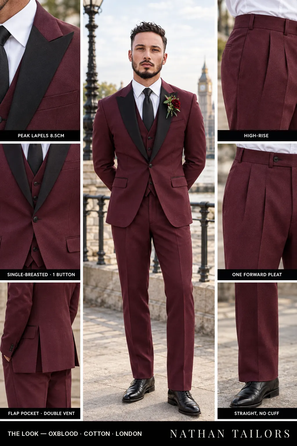 oxblood single-breasted bespoke suit — custom tailored by Nathan Tailors, the Hoi An custom tailor