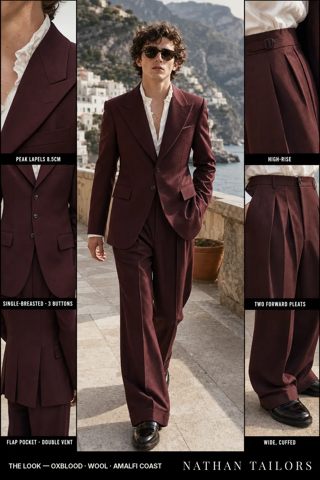 oxblood single-breasted peak-lapel bespoke suit — AI-rendered by Nathan Tailors, the Hoi An custom tailor. Available as a custom tailored suit from $149.