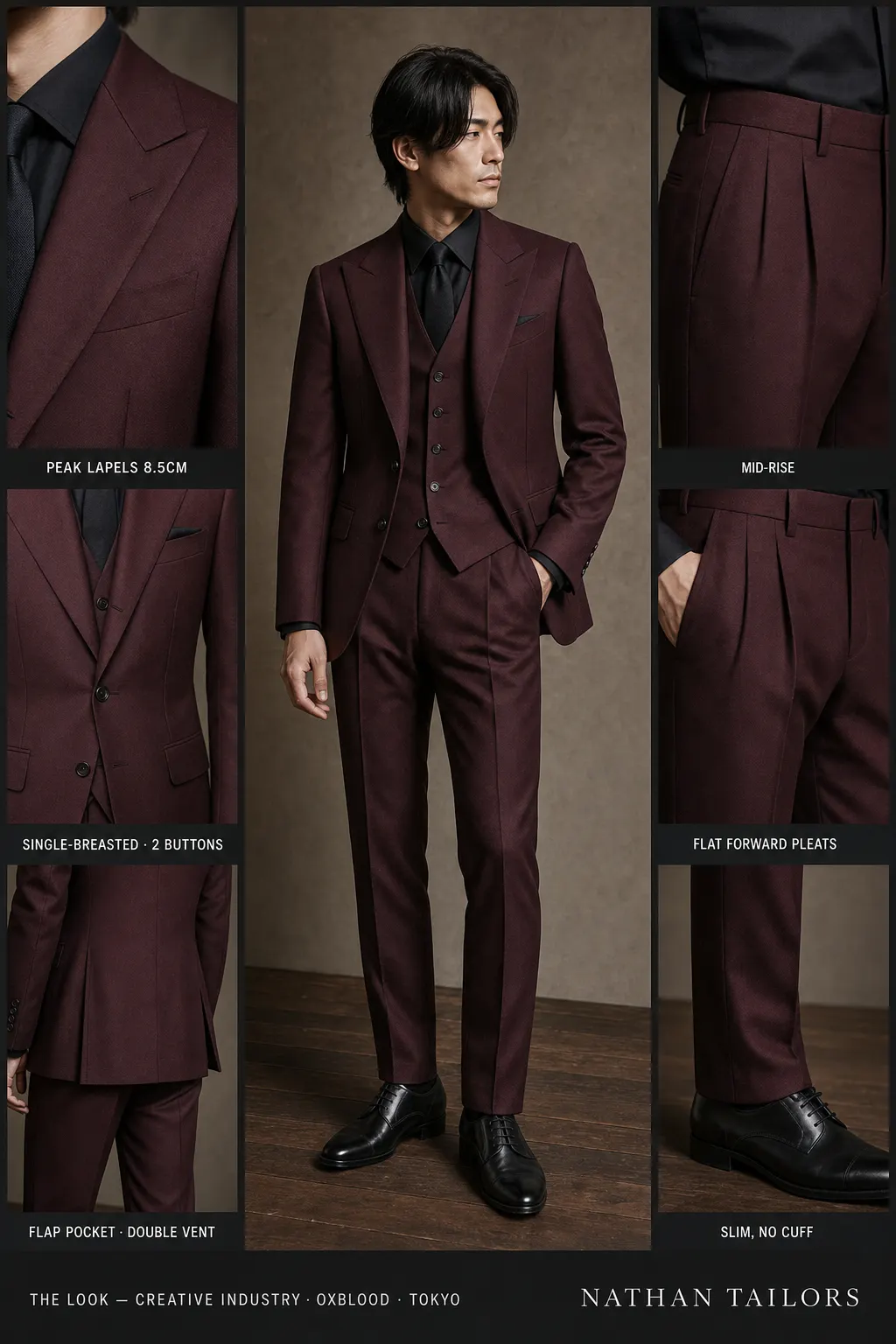 oxblood single-breasted peak-lapel bespoke suit โ AI-rendered by Nathan Tailors, the Hoi An custom tailor. Available as a custom tailored suit from $149.