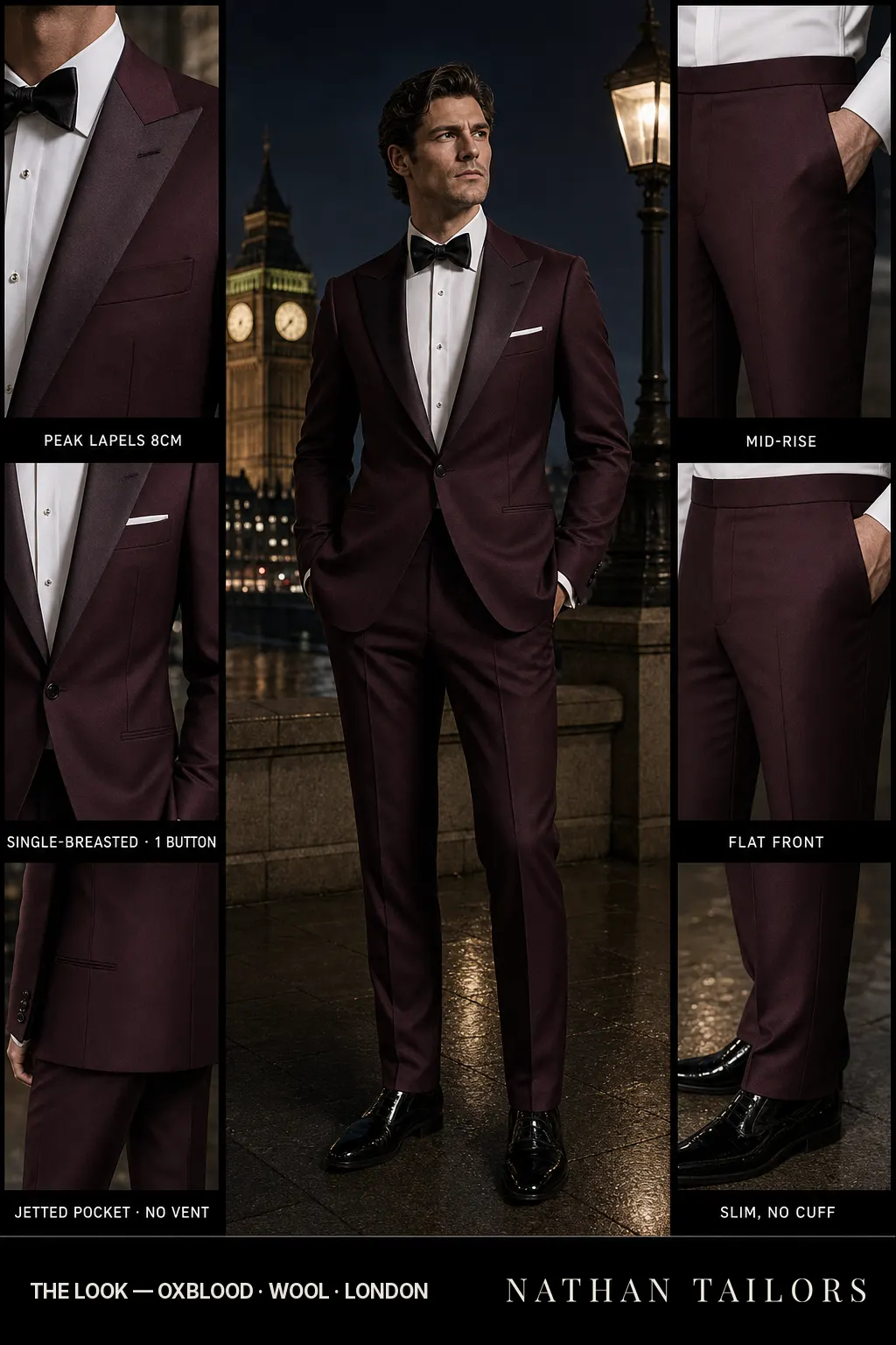 oxblood single-breasted peak-lapel bespoke suit — AI-rendered by Nathan Tailors, the Hoi An custom tailor. Available as a custom tailored suit from $149.