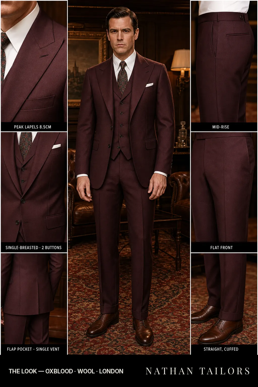 oxblood single-breasted peak-lapel bespoke suit โ AI-rendered by Nathan Tailors, the Hoi An custom tailor. Available as a custom tailored suit from $149.