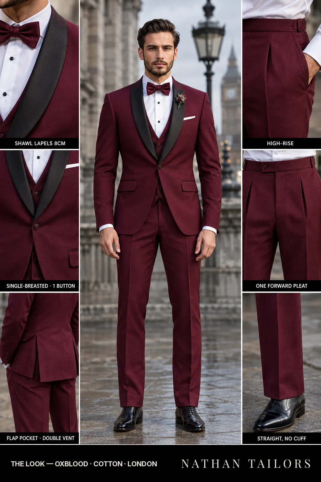 oxblood single-breasted bespoke suit โ custom tailored by Nathan Tailors, the Hoi An custom tailor