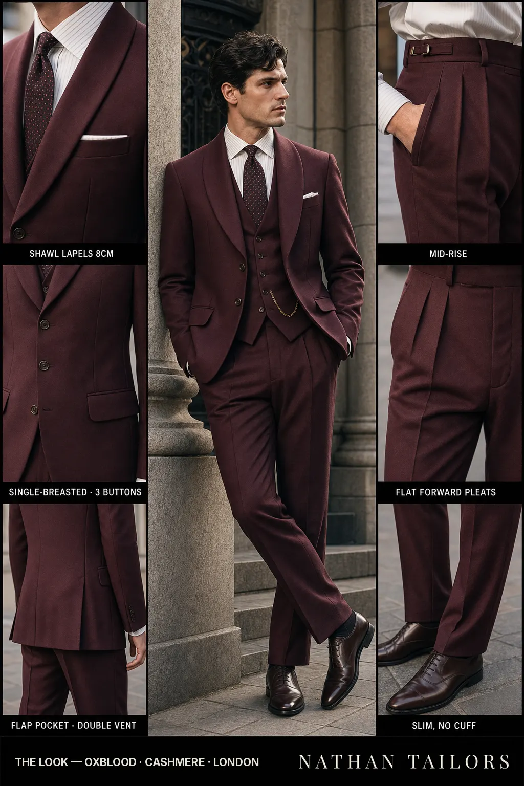 oxblood single-breasted shawl-lapel bespoke suit — AI-rendered by Nathan Tailors, the Hoi An custom tailor. Available as a custom tailored suit from $149.