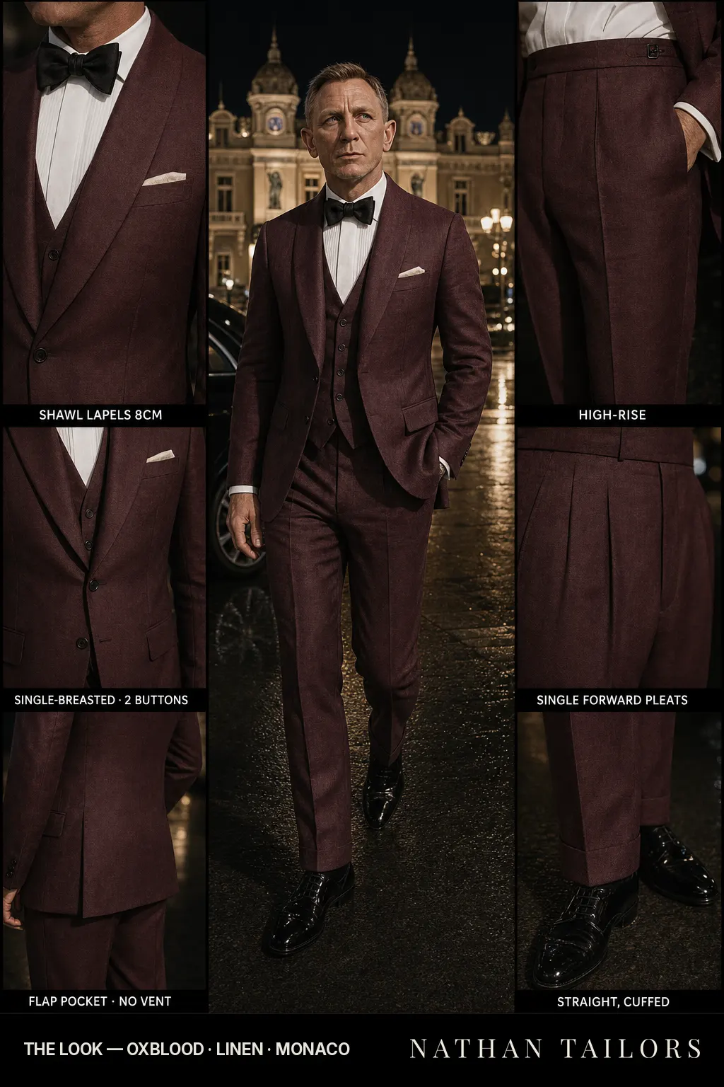 oxblood single-breasted shawl-lapel bespoke suit — AI-rendered by Nathan Tailors, the Hoi An custom tailor. Available as a custom tailored suit from $149.