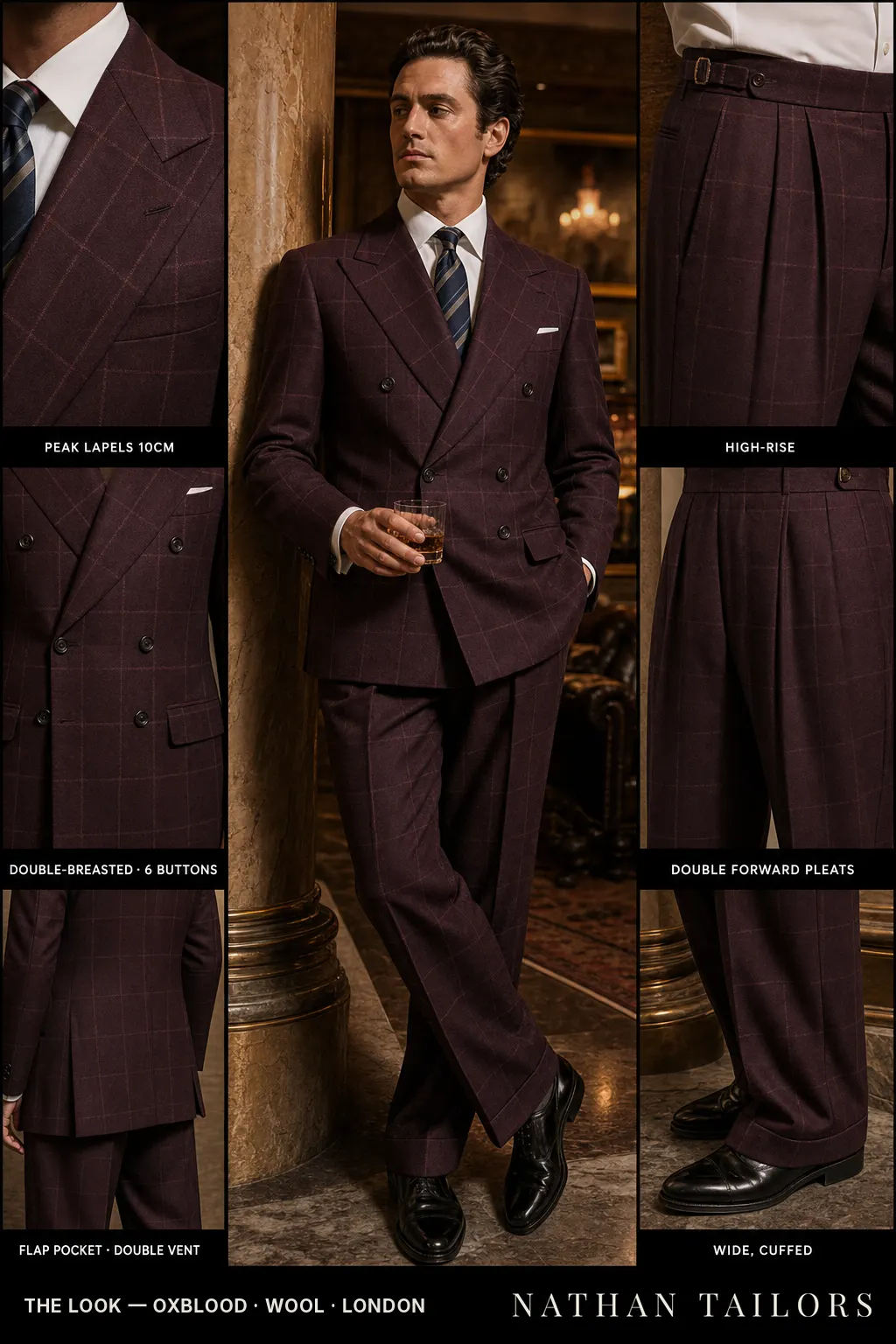oxblood windowpane double-breasted peak-lapel bespoke suit — AI-rendered by Nathan Tailors, the Hoi An custom tailor. Available as a custom tailored suit from $149.