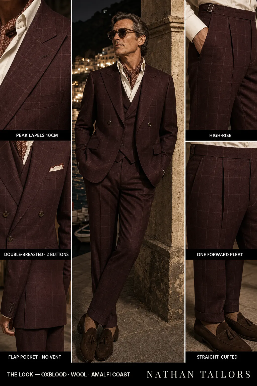 oxblood windowpane double-breasted peak-lapel bespoke suit — AI-rendered by Nathan Tailors, the Hoi An custom tailor. Available as a custom tailored suit from $149.
