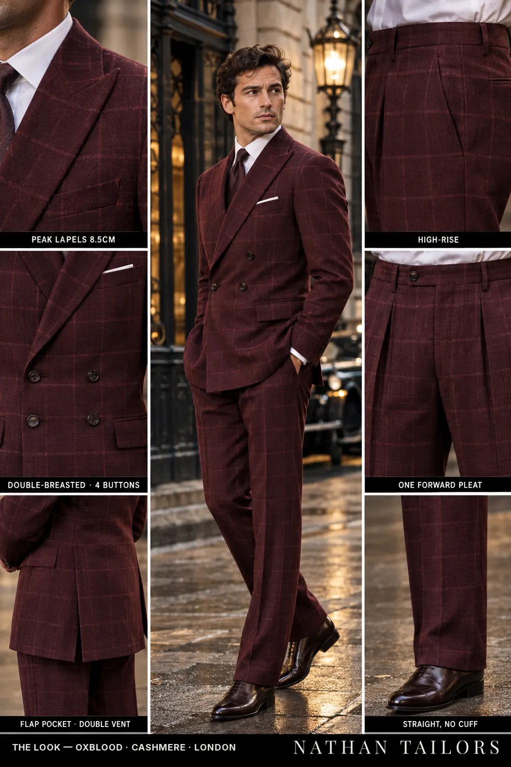 oxblood windowpane double-breasted bespoke suit โ custom tailored by Nathan Tailors, the Hoi An custom tailor